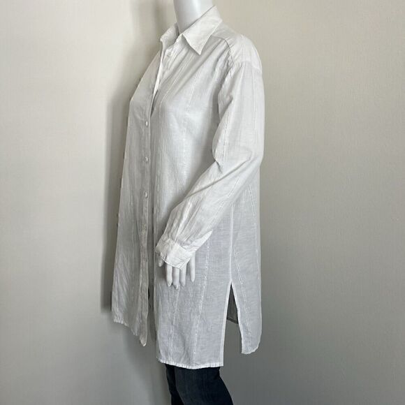 Ada Grimaldi Women's Lagenlook Tunic Size 40 S White Collared Linen Blend Italy - Picture 6 of 8